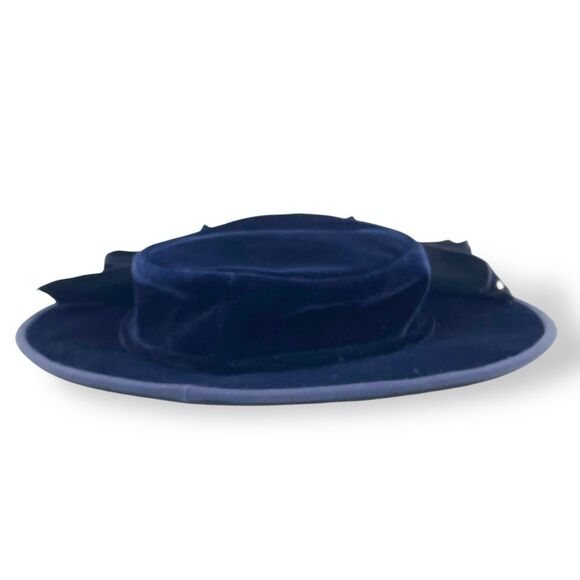 Vintage Makoff Salt Lake City Navy Blue Velvet Hat 22 1/2 Wide Brim Ribbon Bow - Picture 7 of 15